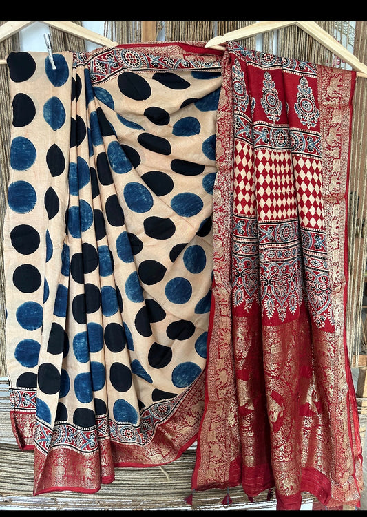 BEIGE POLKA DOT DOLA  SILK AJRAKH ZARI BORDER SARI