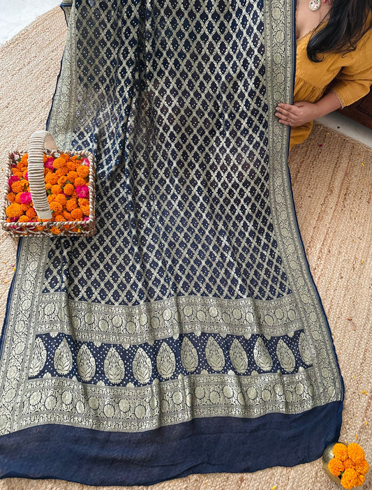 Prussian blue Handwoven NeemZari Bareek Bandhani in Khaddi Georgette dupatta BD-1018