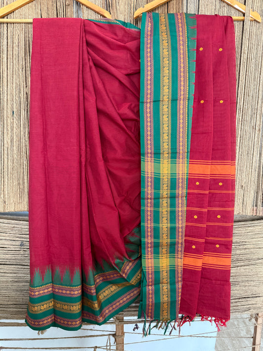 MAROON& GREEN TRADITIONAL KANCHI COTTON SARI WITH ELEPHANT,PEACOCK & PAISLEY DESIGN WITH RUNNING BLOUSE