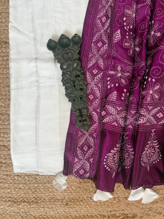White Modal silk kurta with purple kantha work hand embroidery  Pure Bangalore Silk dupatta