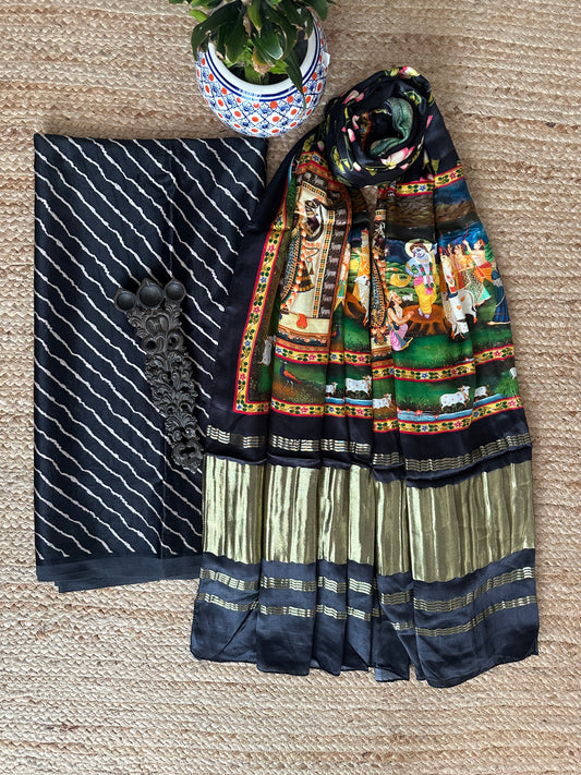 BLACK LEHERIYA MASHRU SILK KURTA WITH PATOLA HANDCRAFTED MODAL SILK DUPATTA PS-13