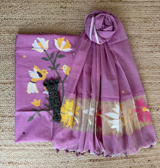 Pastel Pink handwoven jamdani pure cotton silk kurta set mjk