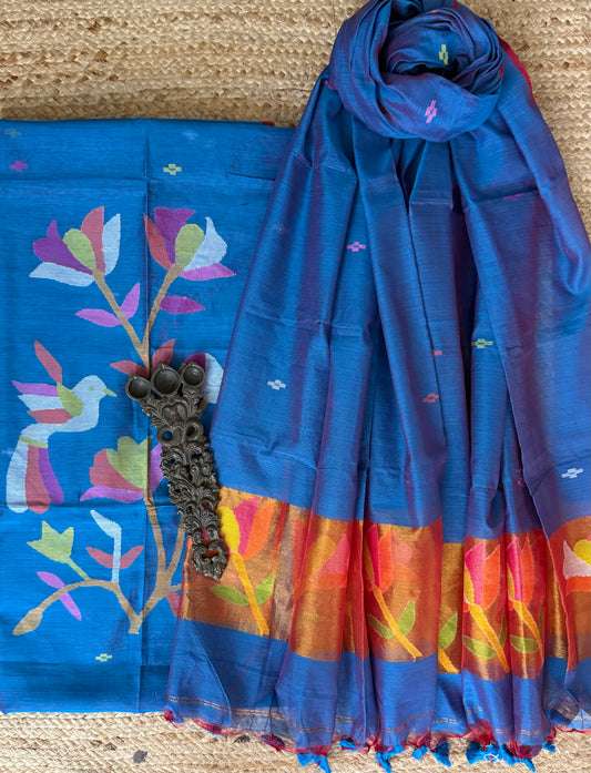 Peacock Blue handwoven jamdani pure cotton silk kurta set mjk