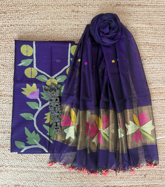 Plum Purple handwoven jamdani pure cotton silk kurta set mjk-