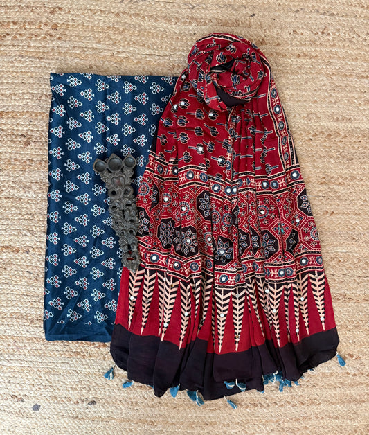 Indigo Blue Mashru Silk Kurta With Maroon Ajrakh Handcrafted Mirror Work Modal Silk Dupatta