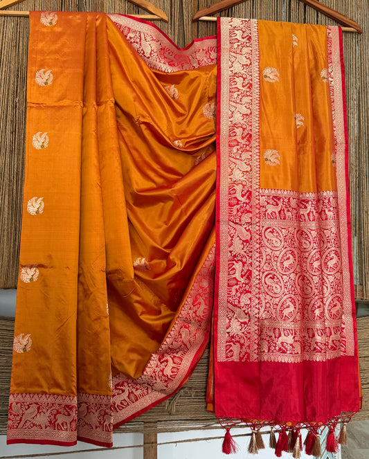 Ochre Orange Katan silk certified  handloom banarsi sari with woven zari