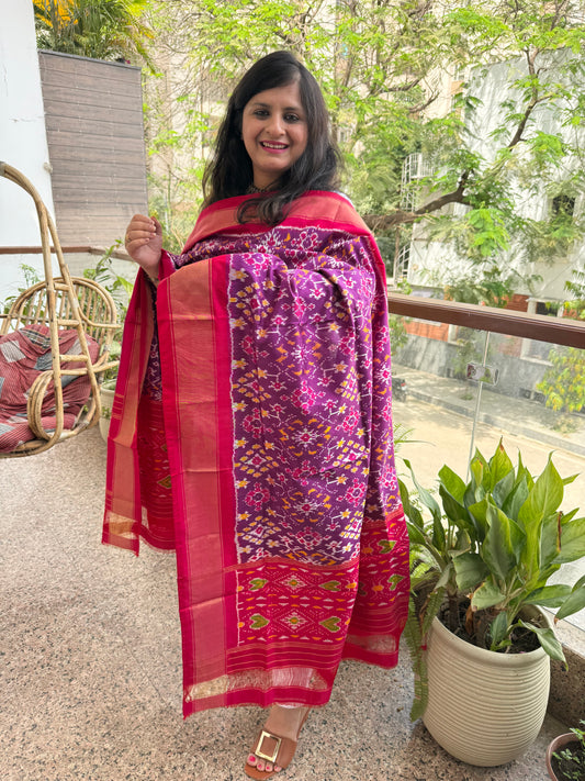 PURPLE - HANDSPUN HANDWOVEN POCHAMPALLY IKAT SILK DUPATTA WITH ZARI BORDER