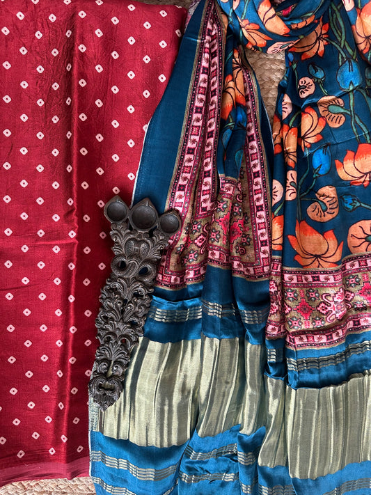 MAROON SINGLE BANDHANI MASHRU SILK KURTA WITH PATOLA HANDCRAFTED MODAL SILK DUPATTA PS-10146