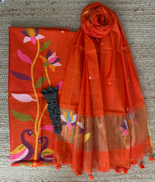 International Orange handwoven jamdani pure cotton silk kurta set mjk