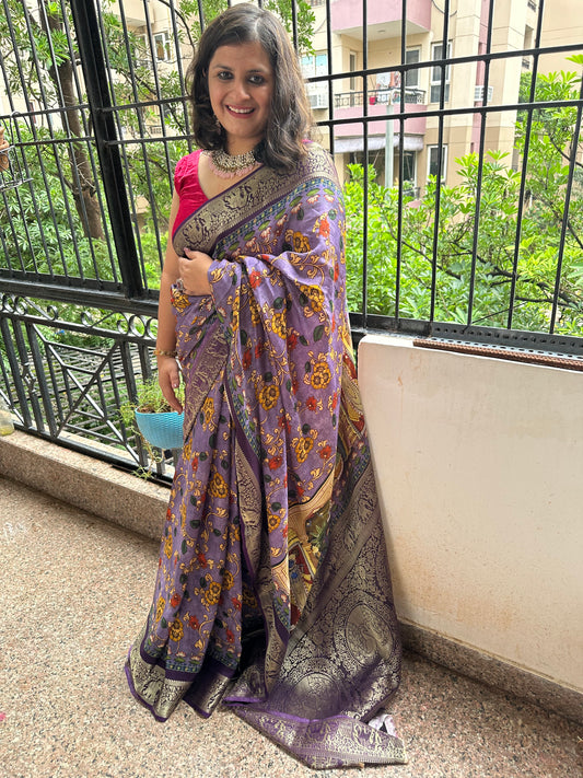 PURPLE DOLA SILK PICHWAI PRINT ZARI BORDER SARI