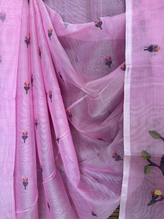 ROSE PINK JAMDANI HANDWOVEN PURE MUSLIN SILK SARI MJS -56