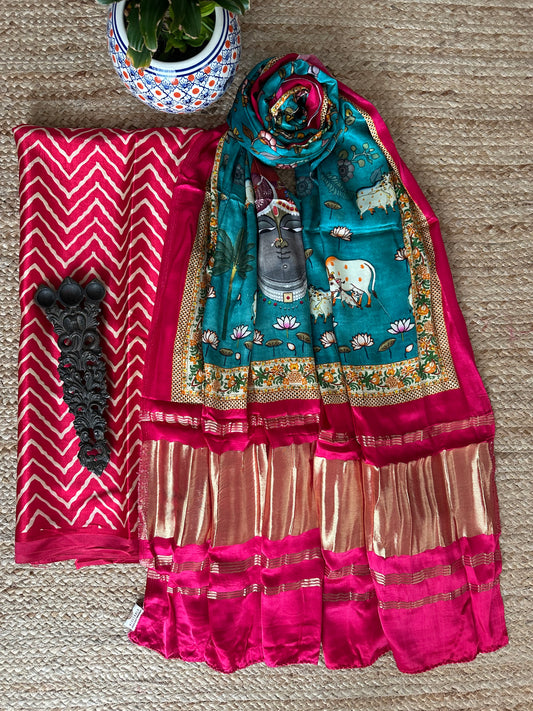 PINK ZIGZAG MASHRU SILK KURTA WITH PATOLA PRINTED MODAL SILK DUPATTAS  PS-28