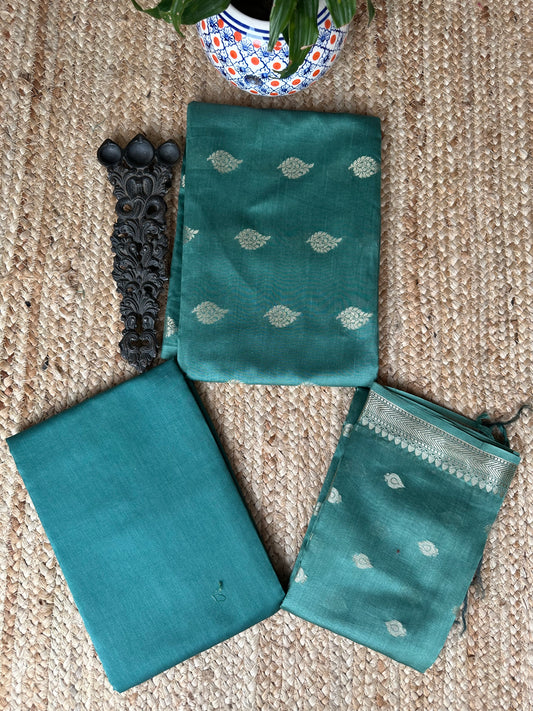 TURQUOISE GREEN BANARASI CHANDERI  HANDLOOM THREE PIECE  SET SUIT