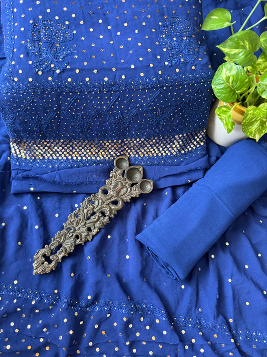 Navy Blue premium mukesh work Georgette lucknowi chickenkari hand embroidery three piece suit