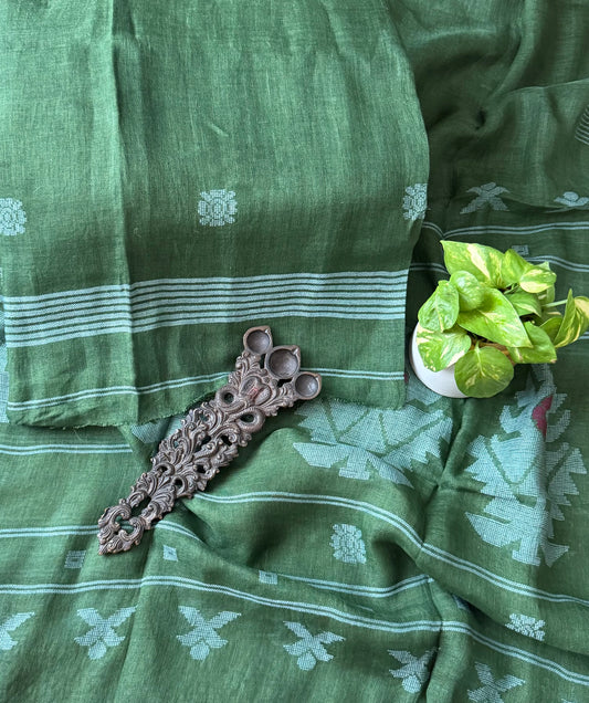 FERN GREEN PURE JAYSHREE  LINEN JAMDANI HANDWOVEN KURTA SET