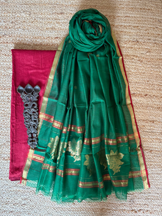 MAROON SOLID MUGA SILK KURTA WITH CHANDERI HANDLOOM SILK  DUPATTA