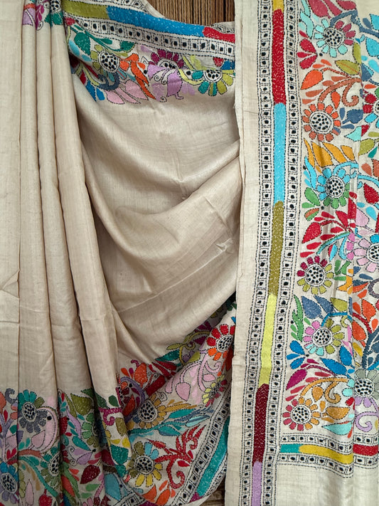 NATURAL BEIGE WITH MULTI THREAD HAND EMBROIDERY KANTHA WORK TUSSAR SILK SARI