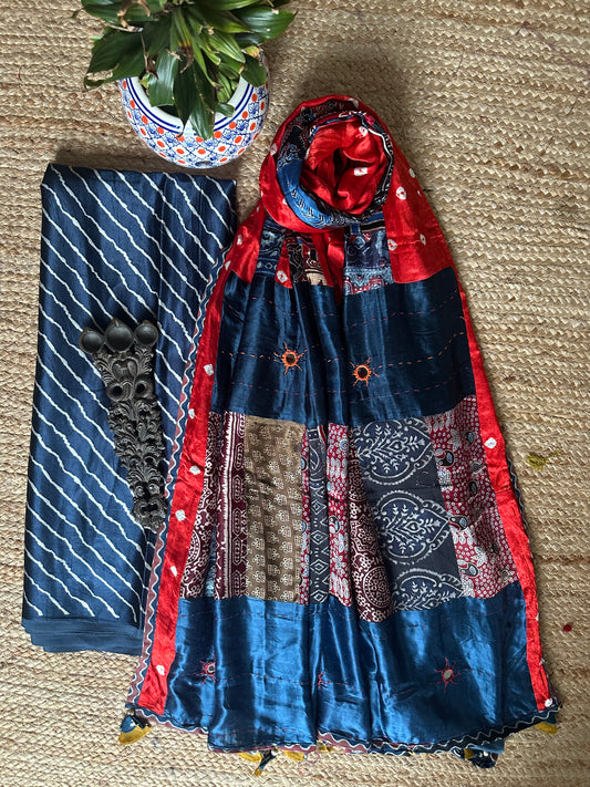 BLUE MASHRU SILK KURTA WITH AJRAKH PATCHWORK  HANDCRAFTED MODAL SILK DUPATTA PS-98
