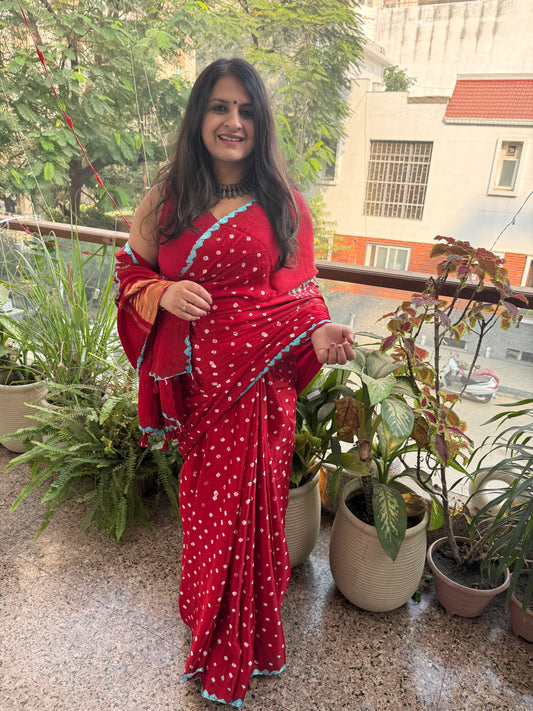 RED MODAL SILK HANDKNOTTED   BANDHANI SHIBORI SARI bss-4