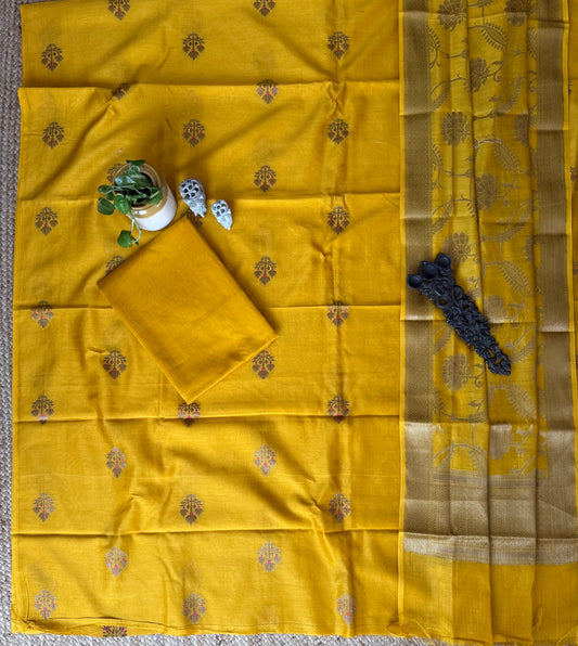 Sunlit Zari Gold Chanderi Handloom Banarsi Booti Three Piece Suit