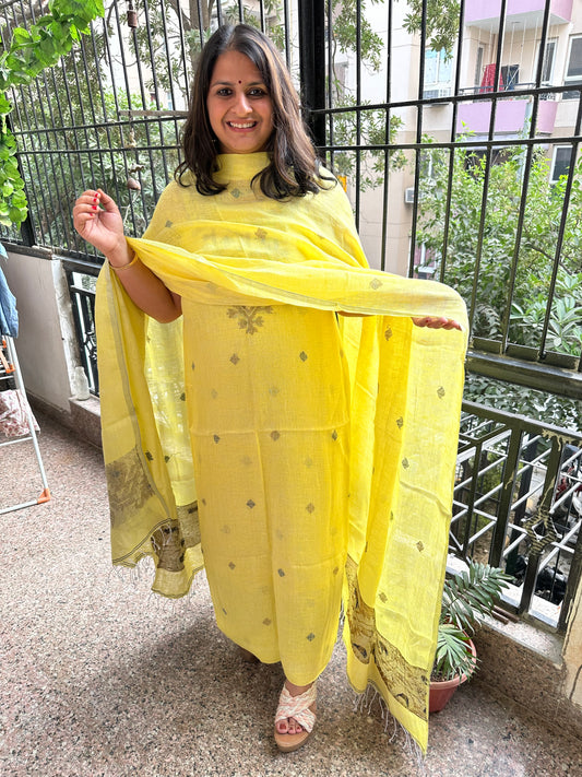 LEMON YELLOW JAMDANI WOVEN LINEN  KURTA SET