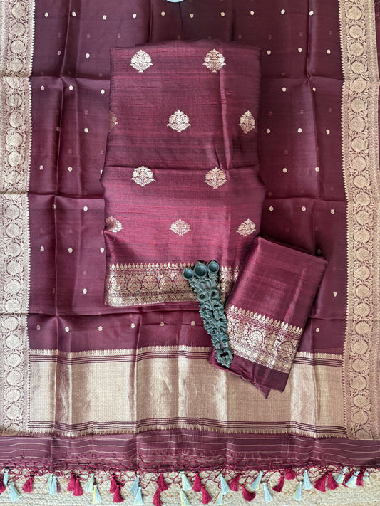 Syrup Brown raw silk certified handloom banarsi kadwa butti with woven zari three piece suit