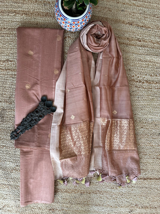 Dusty pink Katan silk certified handloom Banarsi Booti three piece suit
