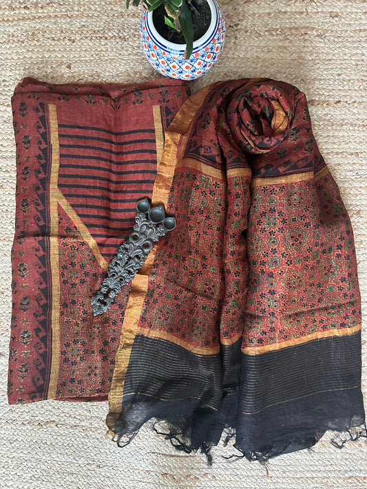 MAROON AJRAKH  LINEN SILK HANDBLOCK SUIT SET
