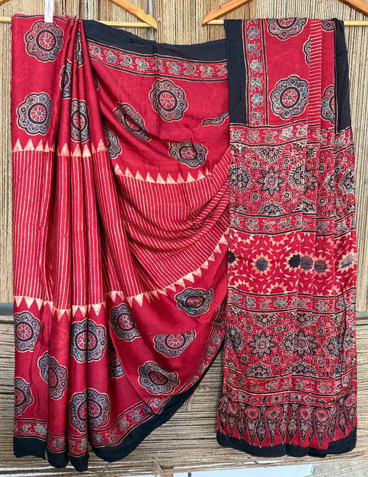 MAROON AJRAKH HANDCRAFTED  MODAL SILK SARI