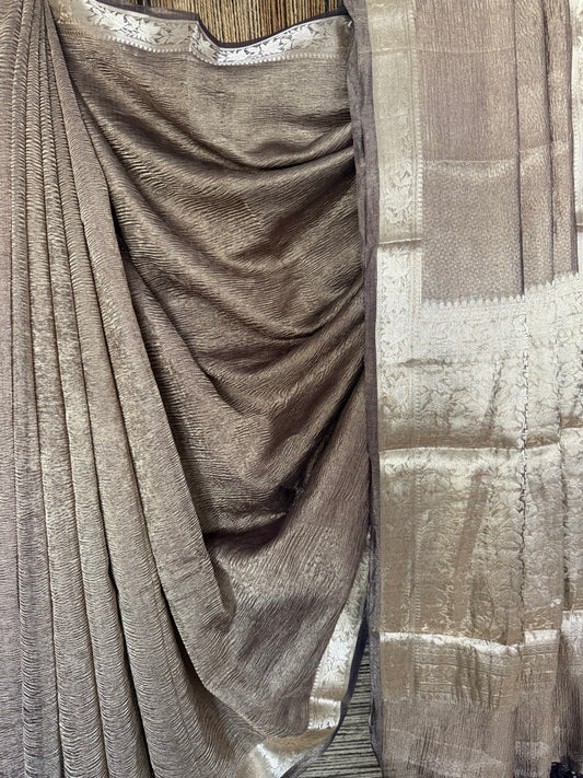 Burnt purple banarasi zari crushed tissue sari