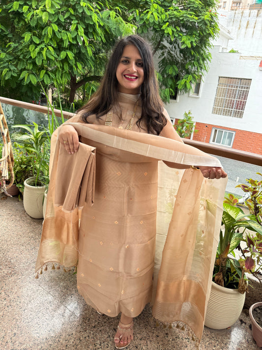 French Beige Kora silk certified handloom Banarsi kadwa Booti Meenakari three piece suit