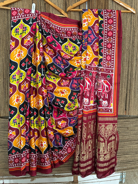 MAROON  ELEPHANT PATOLA MODAL SILK PATOLA PRINT SARI WITH ZARI BORDER PMS-10146