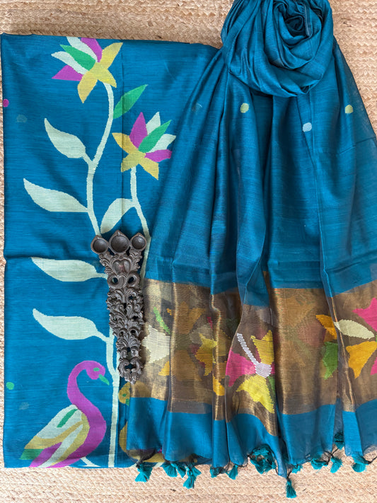 Peacock Blue handwoven jamdani pure cotton silk kurta set mjk