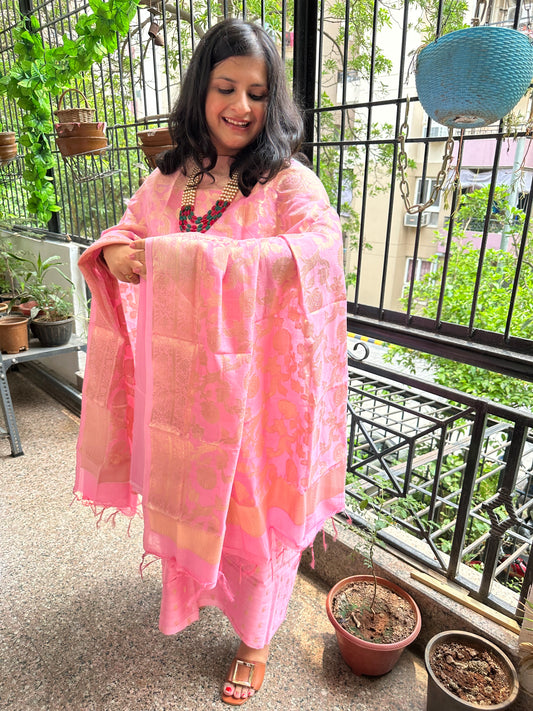 Baby Pink Chanderi handloom Banarsi Booti three piece suit set
