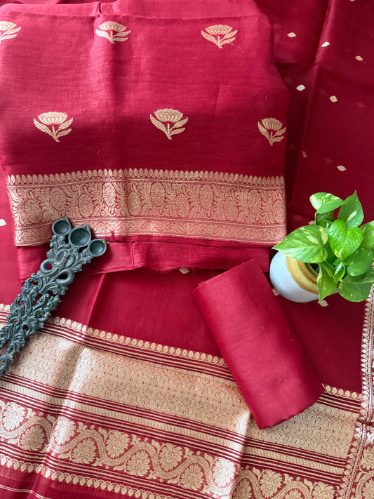 Antique Maroon Linen  handloom banarsi kadwa booti meenakari three piece suit