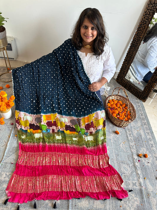 PURPLE PINK SILK BANDHANI DUPATTA WITH PICHWAI PRINT IN NAKSHI BORDER