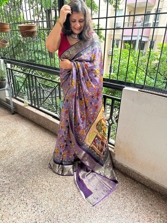 PURPLE DOLA SILK PICHWAI PRINT ZARI BORDER SARI