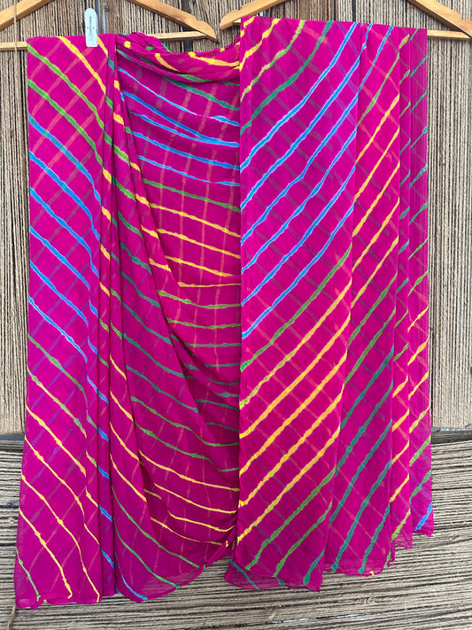 HOT PINK MULTI LEHERIYA HANDCRAFTED  CHIFFON SARI CL -1044