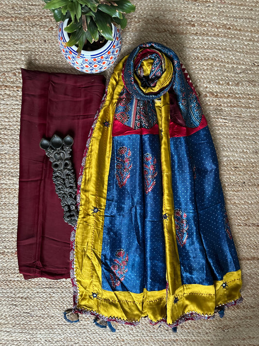 MAROON SOLID MODAL SILK KURTA WITH AJRAKH PATCHWORK  HANDCRAFTED MODAL SILK DUPATTA PS-94