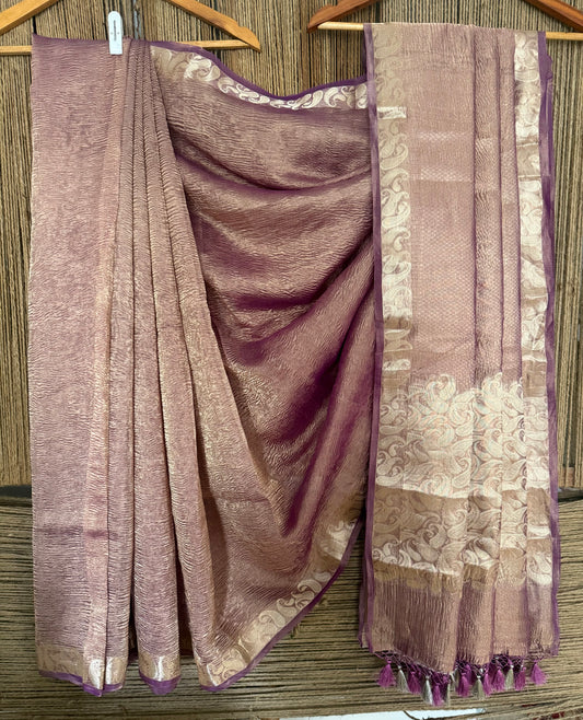 Pastel purple banarasi zari crushed tissue sari