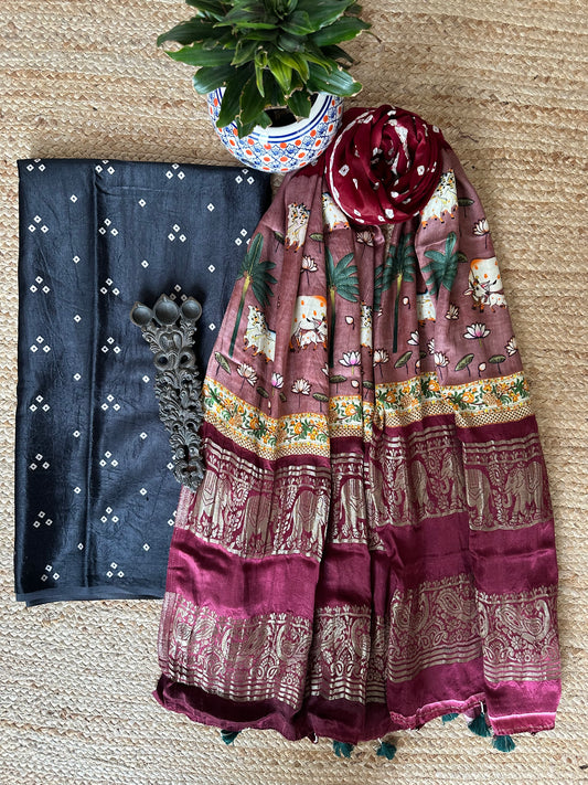 BLACK MASHRU KURTA WITH BANDHANI PICHWAI HANDCRAFTED  MODAL SILK DUPATTAS