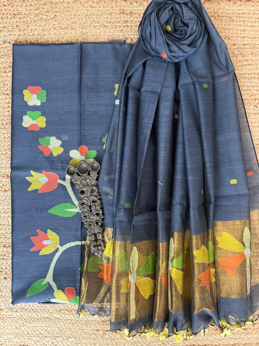 Marengo Gray handwoven jamdani pure cotton silk kurta set mjk-