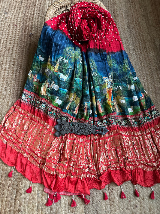 RED BLUE SILK BANDHANI DUPATTA WITH PICHWAI PRINT IN NAKSHI BORDER