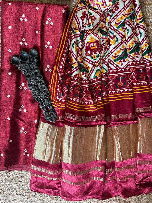 MAROON THREE DOT MASHRU SILK KURTA WITH  PATOLA PICHWAI HANDCRAFTED MODALSILK DUPATTA PS-250