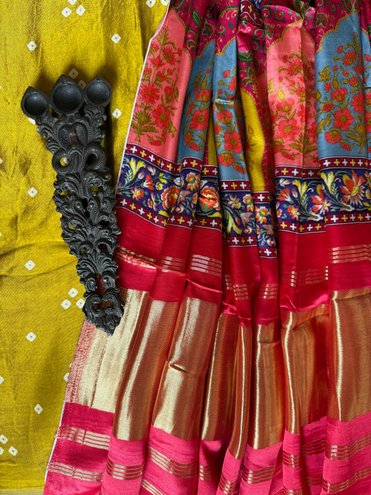 Mustard yellow three dot mashru silk kurta with  patola pichwai handcrafted modalsilk dupatta