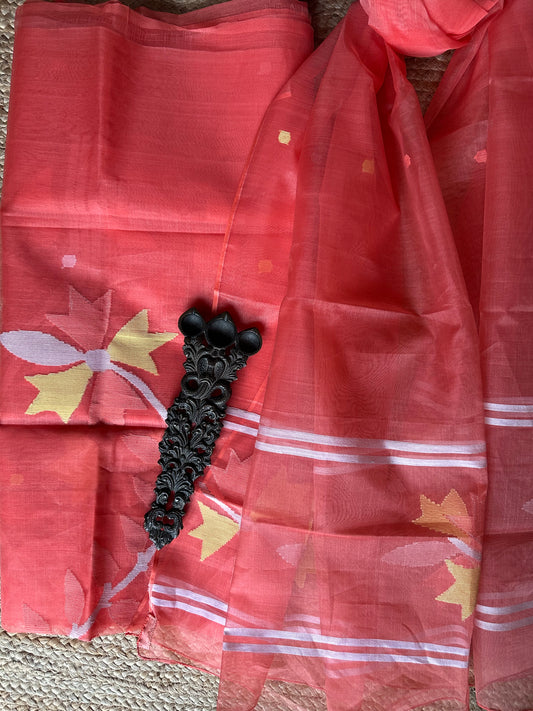 PEACH ORANGE HANDWOVEN JAMDANI PURE MUSLIN SILK KURTA SET MJK-44