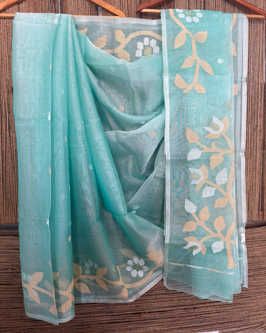Sea green jamdani handwoven pure muslin silk sari