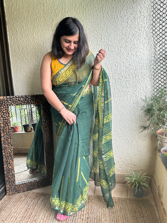 GREEN  AKOLA KOTA DORIA HANDBLOCK SARI