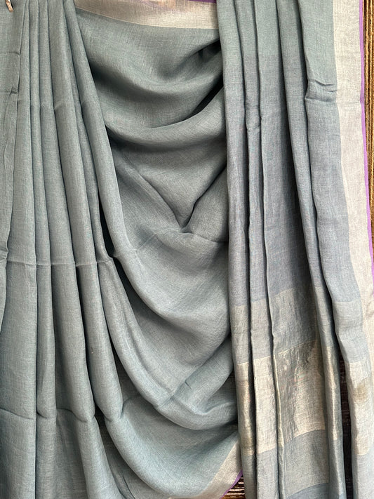 DUST GREY COTTON SARI WITH WOVEN BORDER & PURPLE TASELS AND PALLA