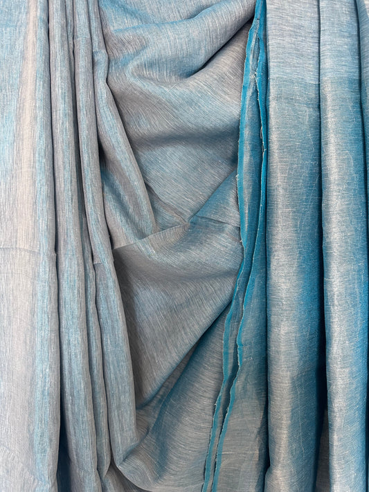 BLUE SILVER TISSUE LINEN ZARI SARI WITH WOVEN RED BORDER